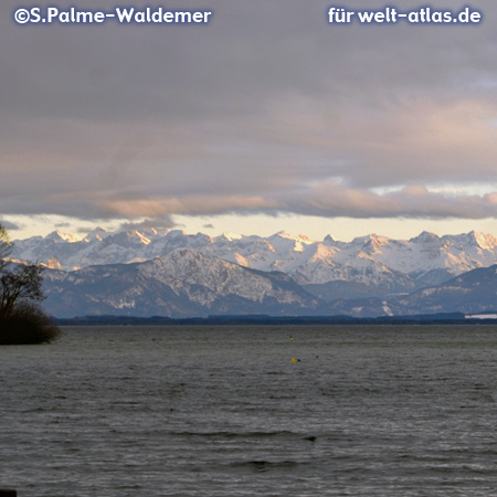 Lake Starnberg with a view to the mountains of the bavarian Alps