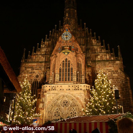 Church of Our Lady and Christkindlesmarkt in Nuremberg, one of the famous Christmas markets