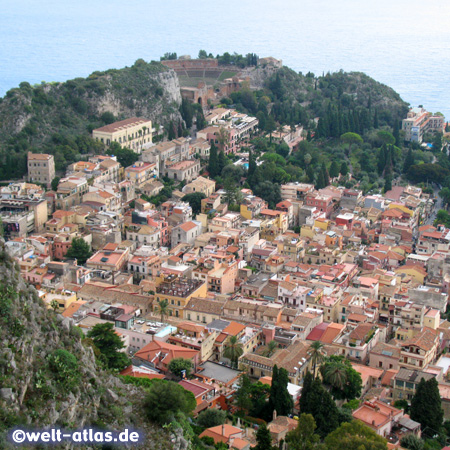 Taormina with amphitheatre view from Santuario della Madonna della Rocca, Sicily, Italy