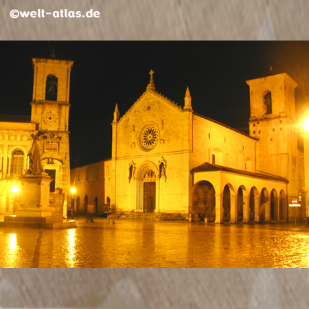 Night at Piazza San Benedetto, Church of St. Benedict, Town Hall, Umbria