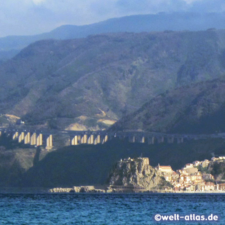 View from Sicily to Calabria, Strait of Messina with Scilla and Castello Ruffo 