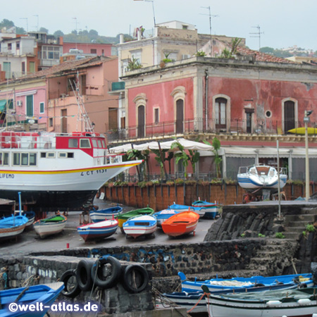 Boats in the harbour of Acitrezza, a charming fishing village on the Cyclops Coast, north of Catania 