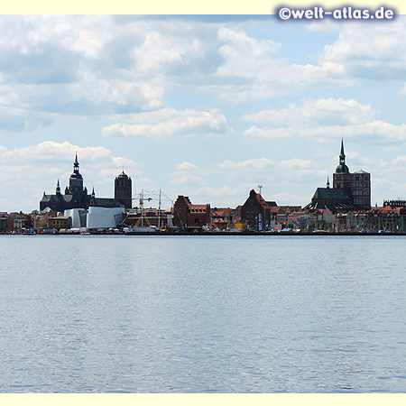View to Stralsund historic town centre with St. Mary's Church, Ozeaneum, St. Jakobi Church and St. Nicholas Church (UNESCO World Heritage Site)