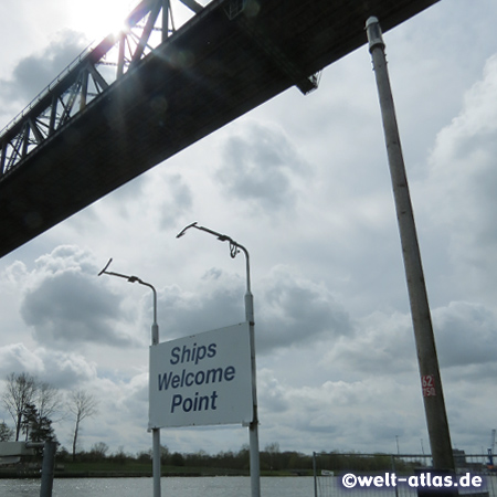Ships Welcome point just under the Rendsburg High Bridge and near the Transporter Bridge