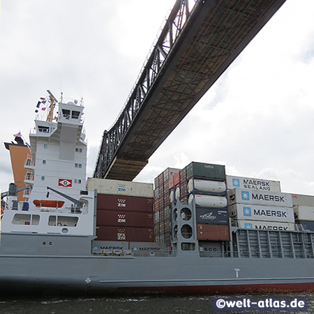 Container ship Thetis D at the Rendsburg High Bridge, Kiel Canal