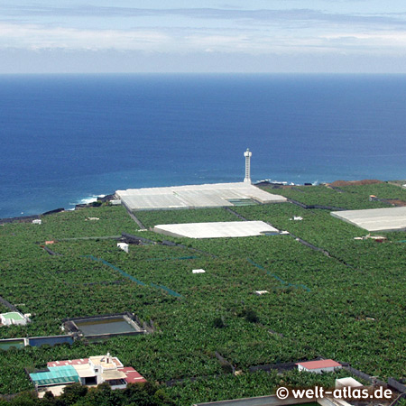 Faro de Punta Lava, lighthouse in the banana plantations at La Bombilla near Puerto Naos, La Palma - Position 28° 35′ 48.0″ N, 17° 55′ 32.40″ W