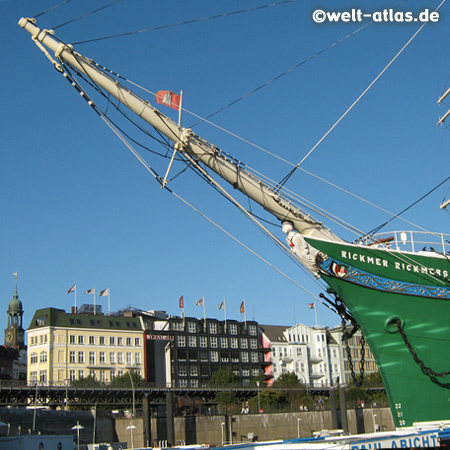 "Rickmer Rickmers" at St. Pauli-Landungsbrücken, Church St. Michaelis, Hamburg Port, Germany