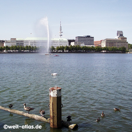 Binnenalster, TV tower and Alsterfontäne, Hamburg