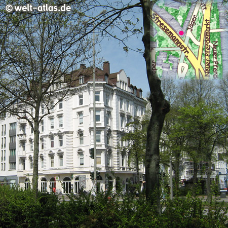 Wohnhaus an der Stresemannstr. Ecke Neuer Pferdemarkt und Beim Grünen Jäger, Bus vor der Tür, unten die Restaurant-Kneipe „Hate Harry“