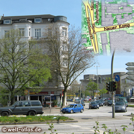 Neuer Pferdemarkt, Blick in den Neuen Kamp, im Hintergrund ist der Bunker an der Feldstraße zu sehen