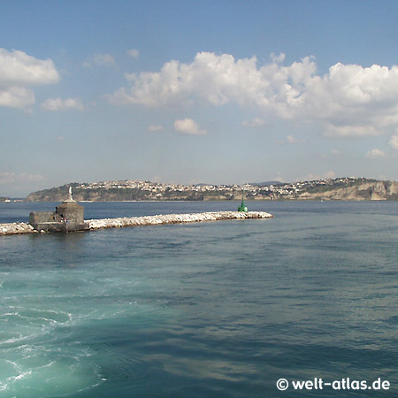 Harbor entrance, Island of Procida in the Bay of Naples in Italy, view towards the mainland