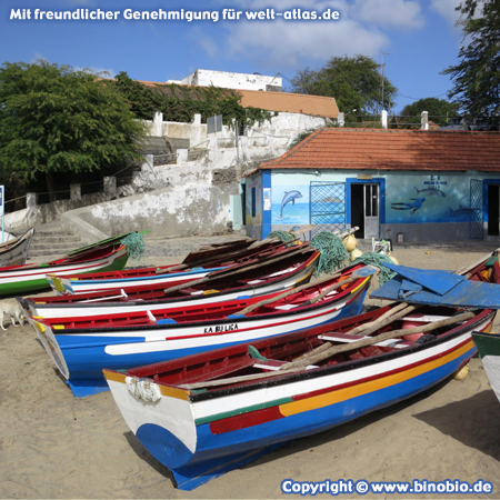 Colourful fishing boats on the beach of Tarrafal, Santiago