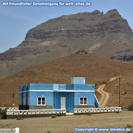 Blue house near Pico do Vento, volcanic mountain of the island of São Vicente