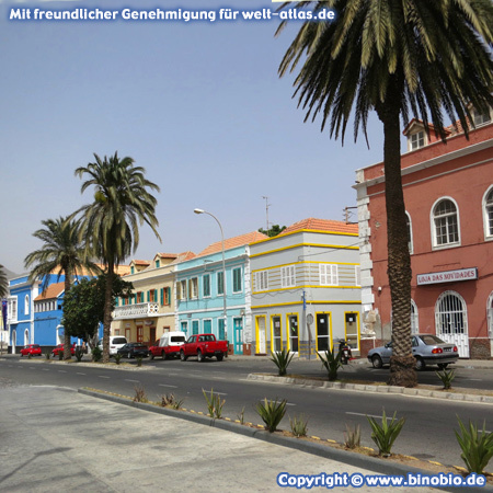 Colorful houses at the waterfront Avenida da Republica in Mindelo