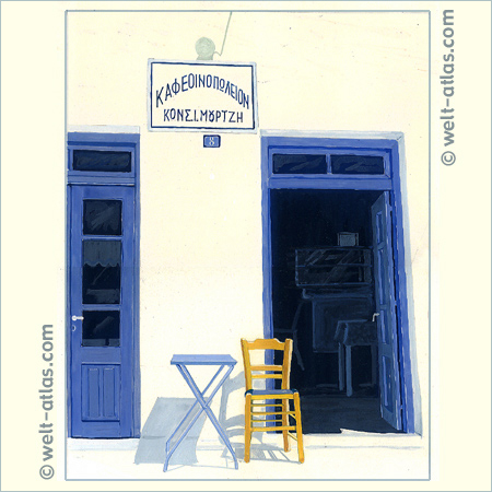 kafenion (coffee shop) with blue doors, tempera drawing
