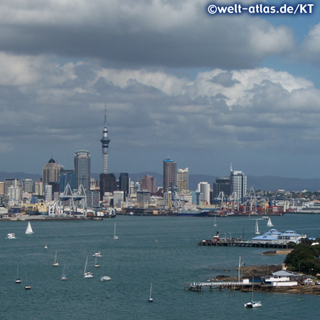 Skyline with Sky Tower and harbour, Auckland