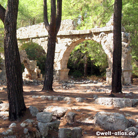 Ruins of Phaselis, forested peninsula with nice beaches to swim
