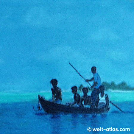 Malediven, junge Fischer im Boot, Pastell-Zeichnung