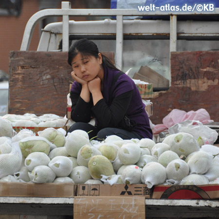 Woman behind her stall with papayas