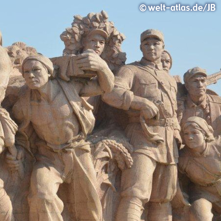 Sculptures at Monument to People's Heroes in Tian an Men Square, Beijing