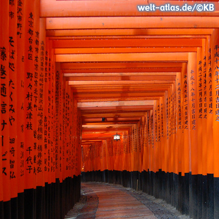 Gateway through the red torii to the inner shrine of Fushimi Inari-Taisha, Kyoto