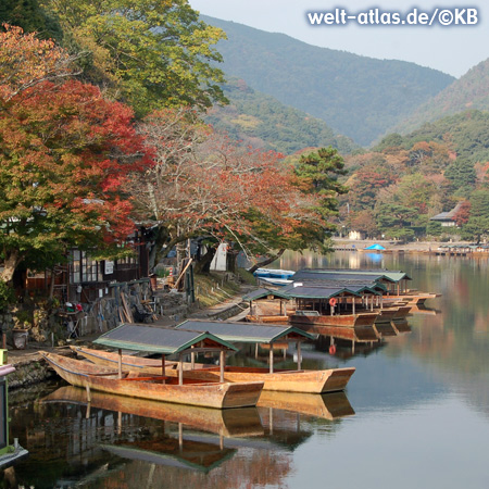 Boote am Hozu River, Arashiyama, herbstliche Laubfärbung am Ufer