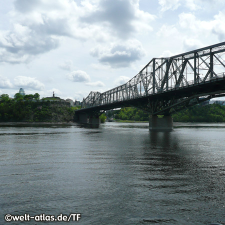 The Alexandra Bridge  crosses the Ottawa River from Ontario to Quebec