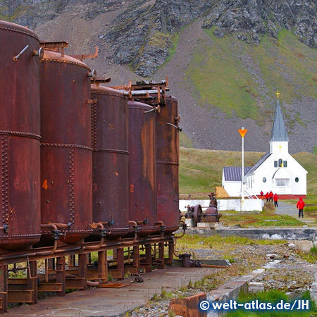 Whalers Church and old whale oil tanks, Grytviken 