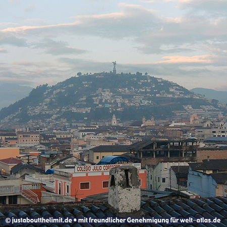 View to the hill El Panecillo with the statue of the Madonna of Quito (Virgen de Quito)