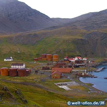 View of Grytviken Harbour with shipwreck and Whalers Church, South Georgia 