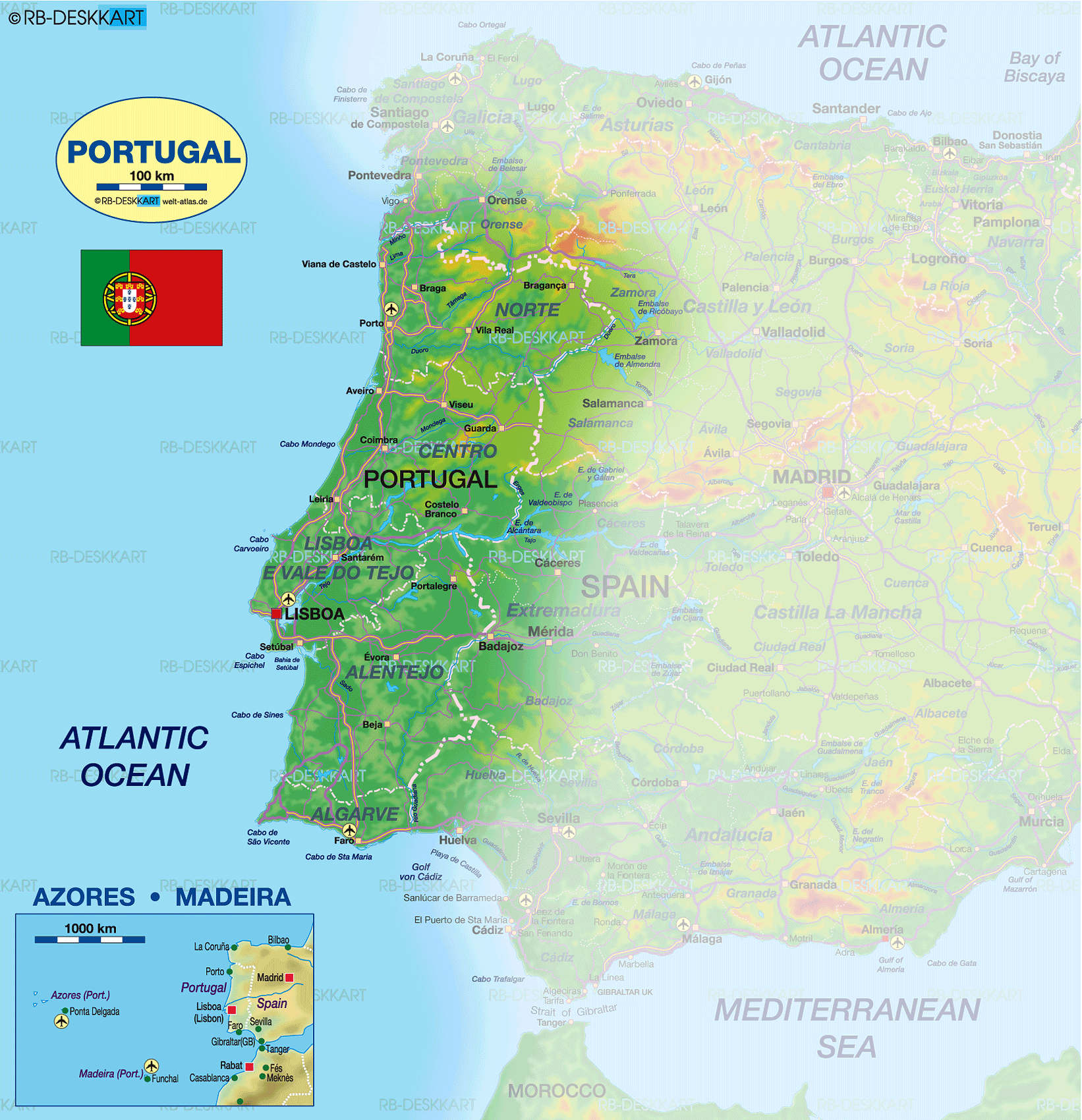 Map of Portugal, physical (Country)
