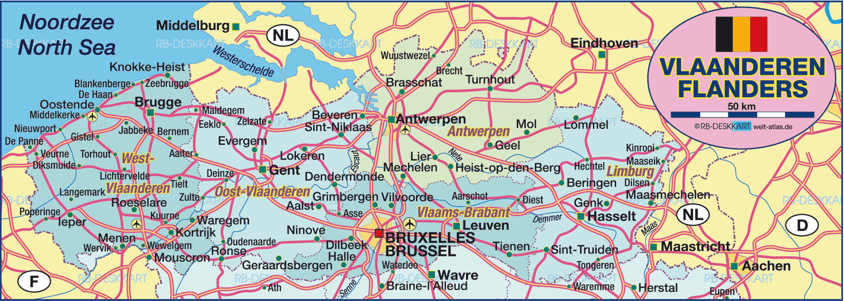 Map of Flanders / Vaanderen (Region in Belgium)