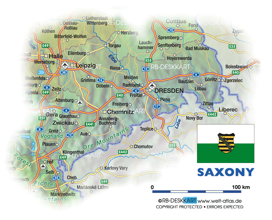 Map of Saxony (State / Section in Germany)