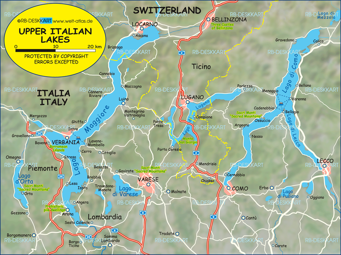 Map of North Italian Lakes/Upper Italian Lakes (Region in Italy, Switzerland)