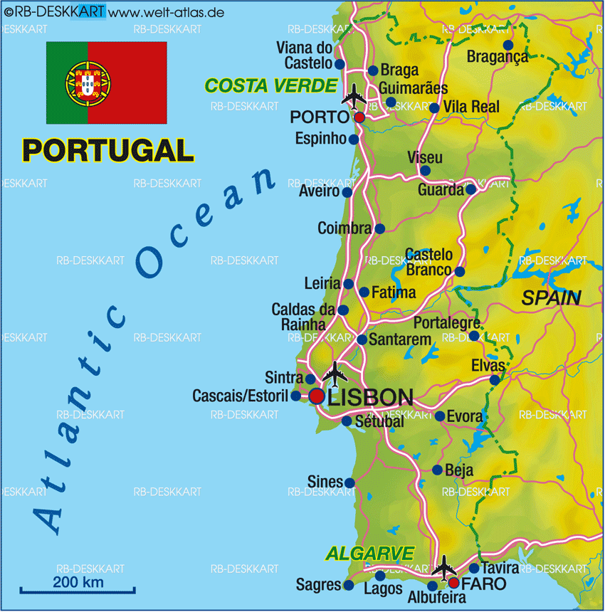 Portugal Karte Regionen / Zustandshauptstädte Und Bedeutende Städte Der