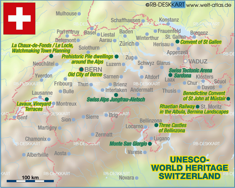 Map of UNESCO World Heritage Switzerland (Country)