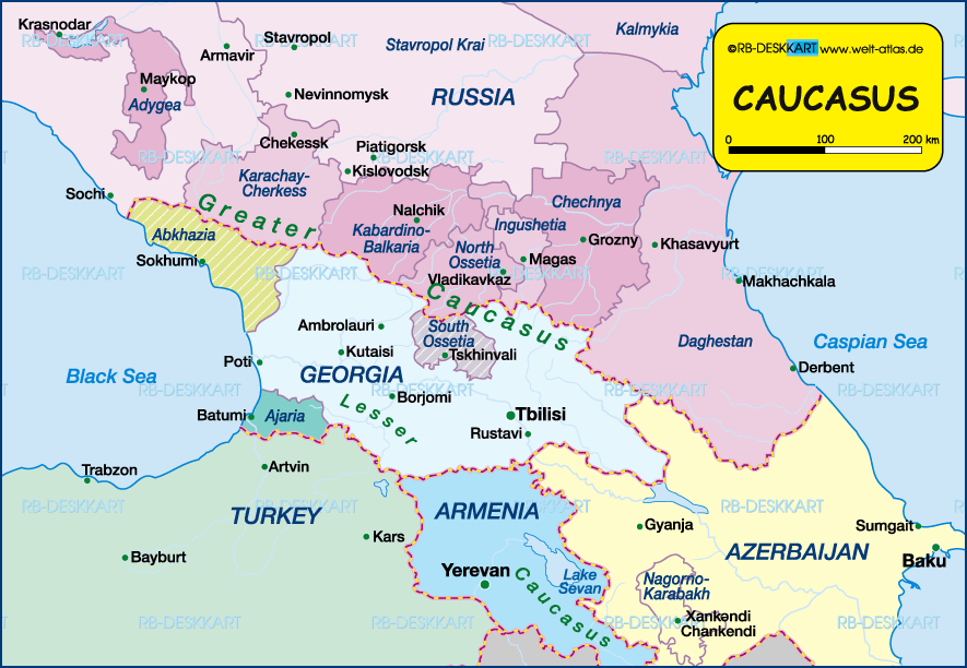 Map of Caucasus politically (Region in several countries)