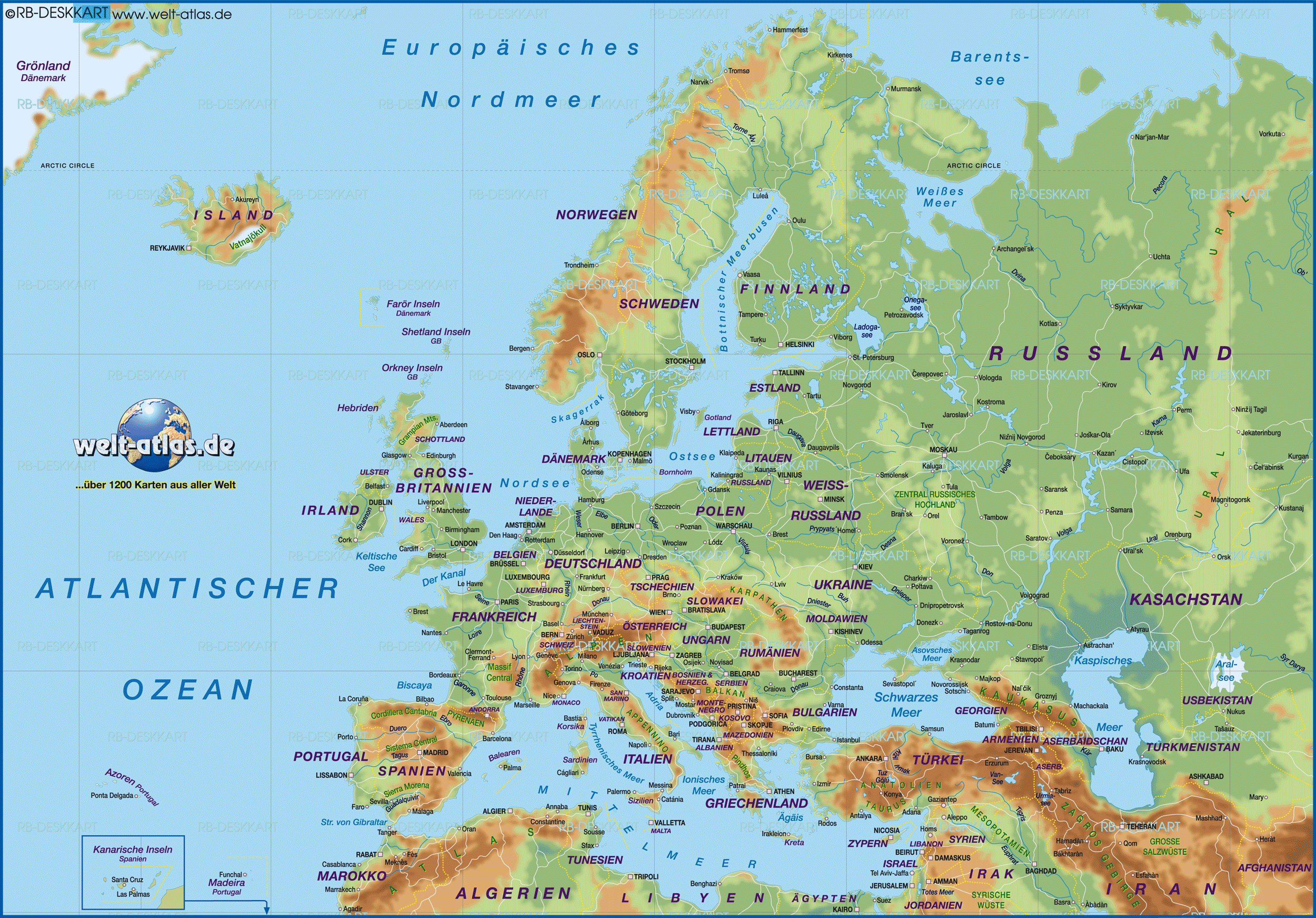 Karte von Europa (Übersichtskarte / Regionen der Welt)