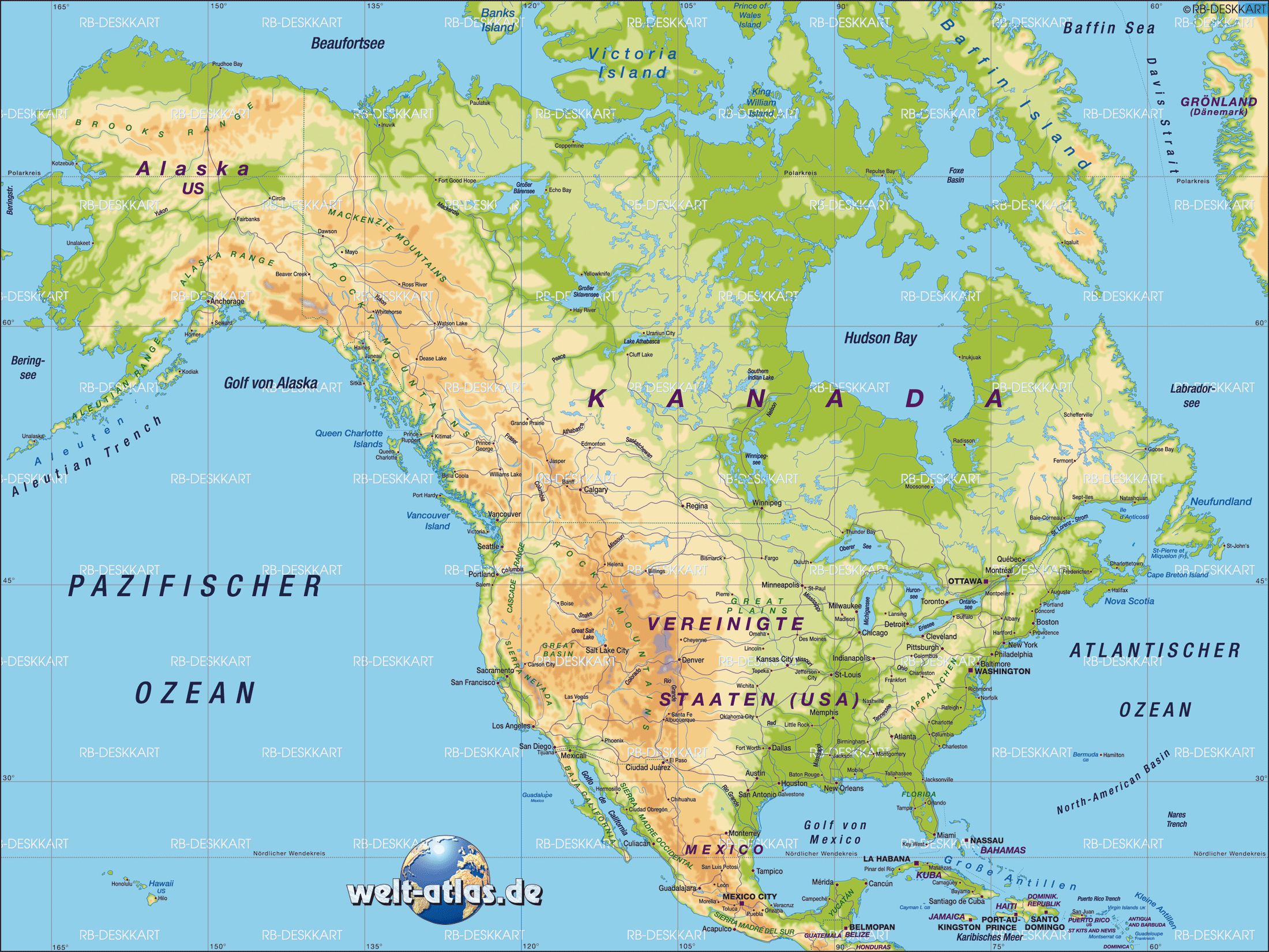 Karte von Nordamerika (Übersichtskarte / Regionen der Welt)