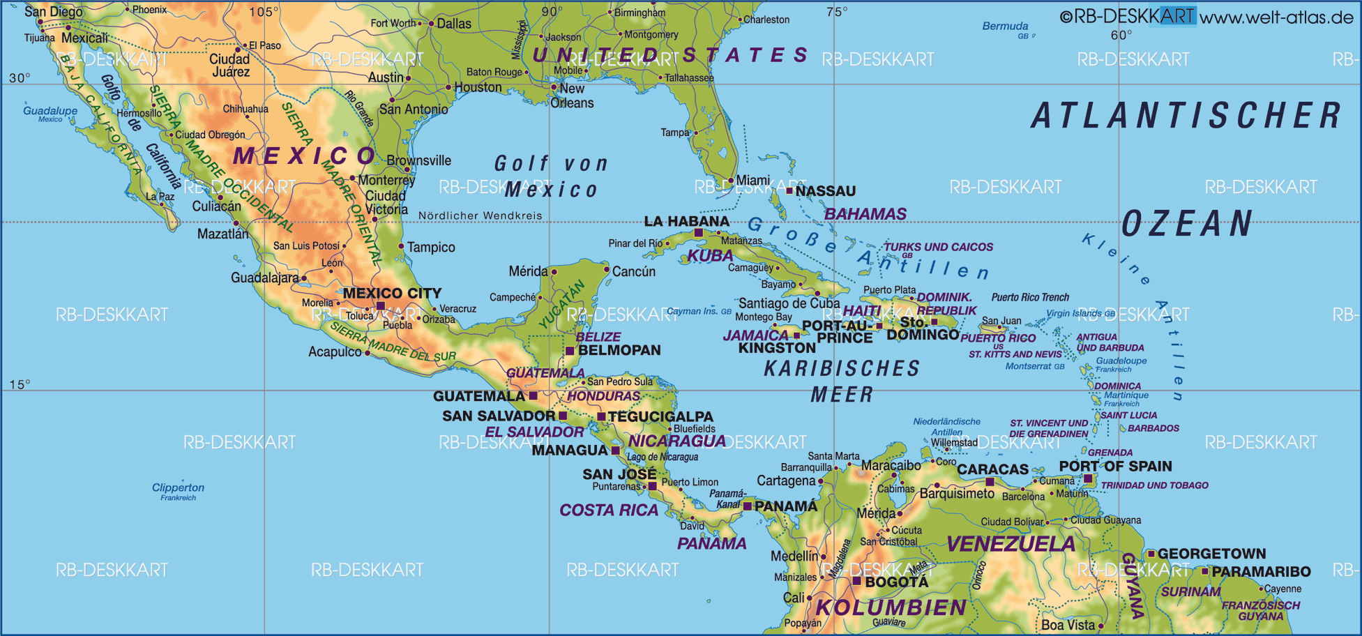 Karte von Mittelamerika, Karibik (Übersichtskarte / Regionen der Welt)