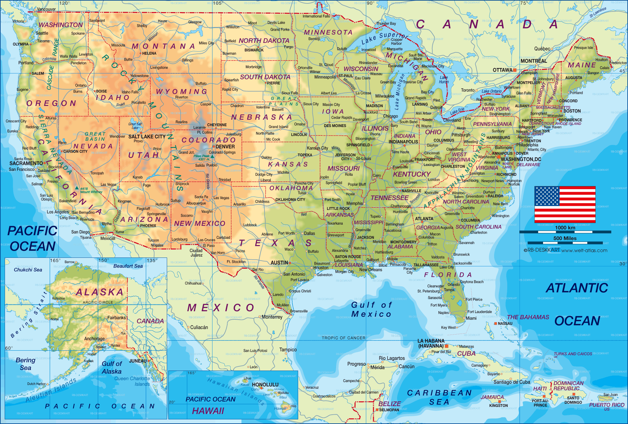 Karte von USA - Vereinigte Staaten von Amerika (Übersichtskarte / Regionen der Welt)