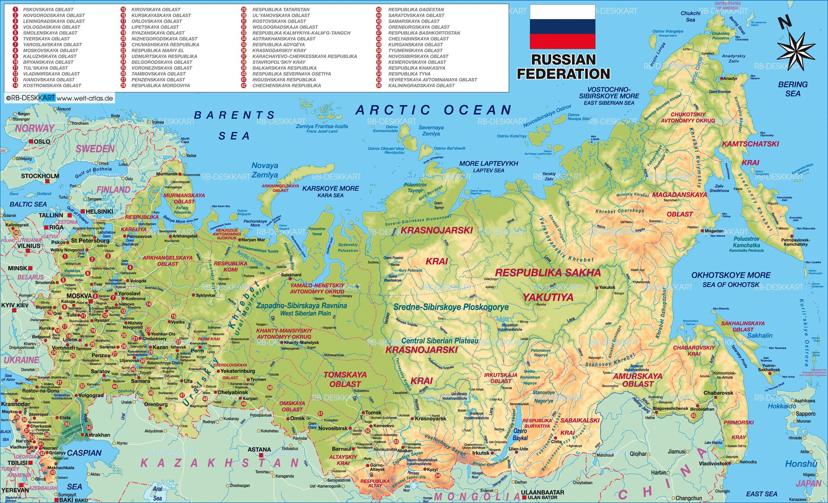 Karte von Russland (Übersichtskarte / Regionen der Welt)