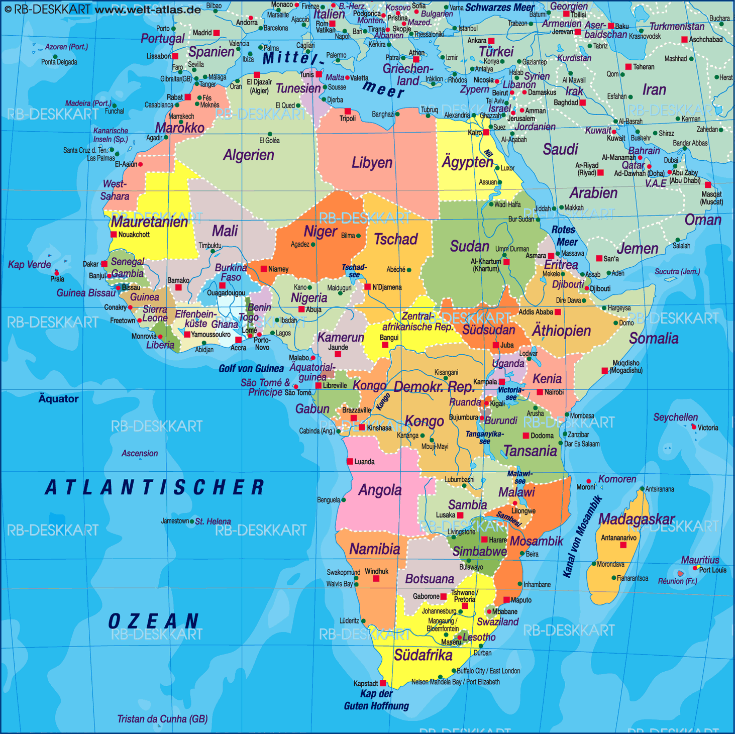 Karte von Afrika, Weltkarte politisch (Übersichtskarte / Regionen der