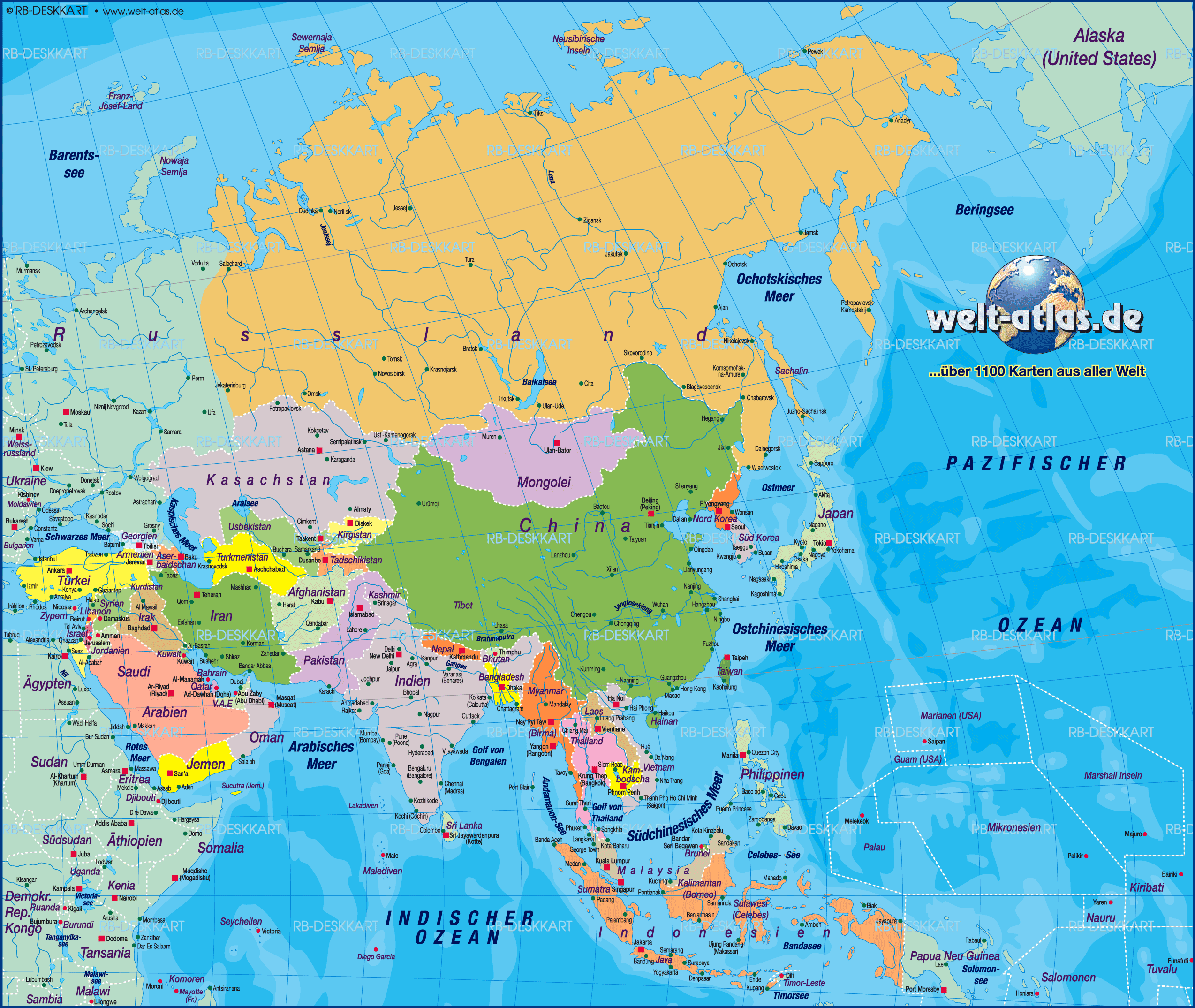 Karte von Asien, Weltkarte politisch (Übersichtskarte / Regionen der Welt)