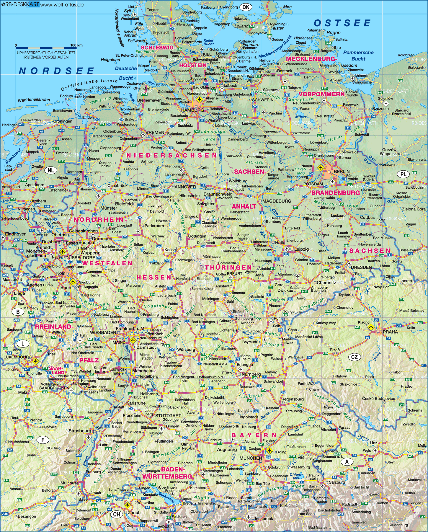 Karte von Deutschland, physikalisch (Übersichtskarte / Regionen der Welt)