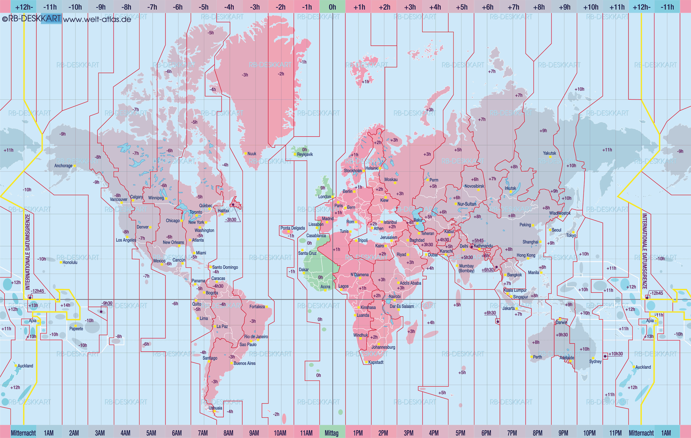 Karte von Weltzeit, Zeitzonen (Übersichtskarte / Regionen der Welt)