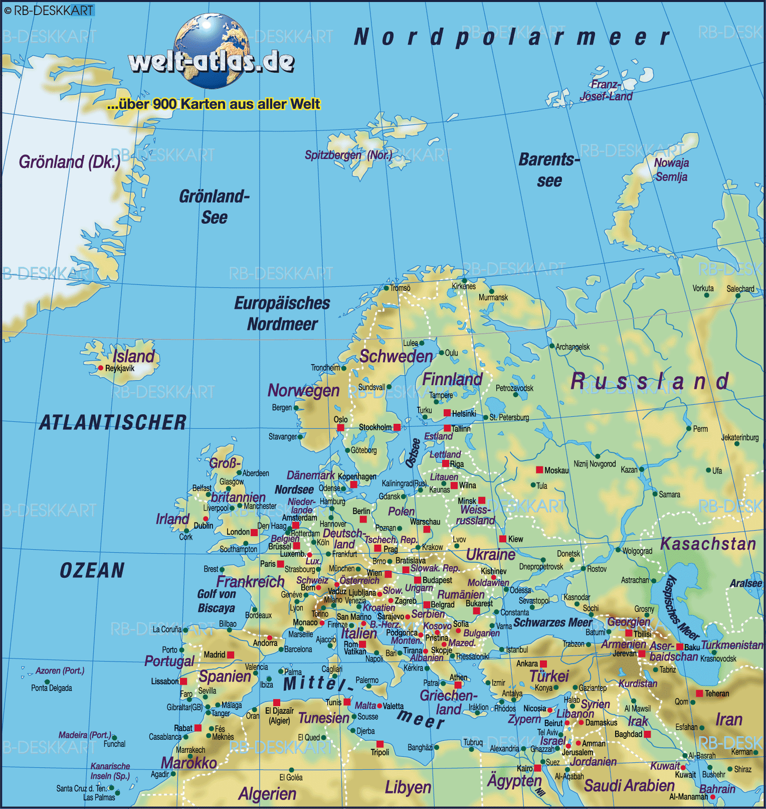 Karte von Europa, physikalisch (Übersichtskarte / Regionen der Welt)
