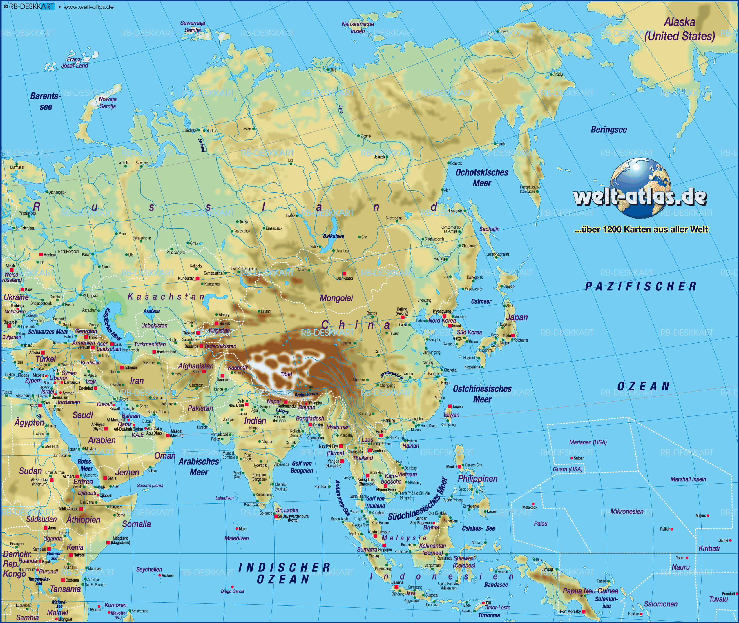 Karte von Asien, physikalisch (Übersichtskarte / Regionen der Welt)