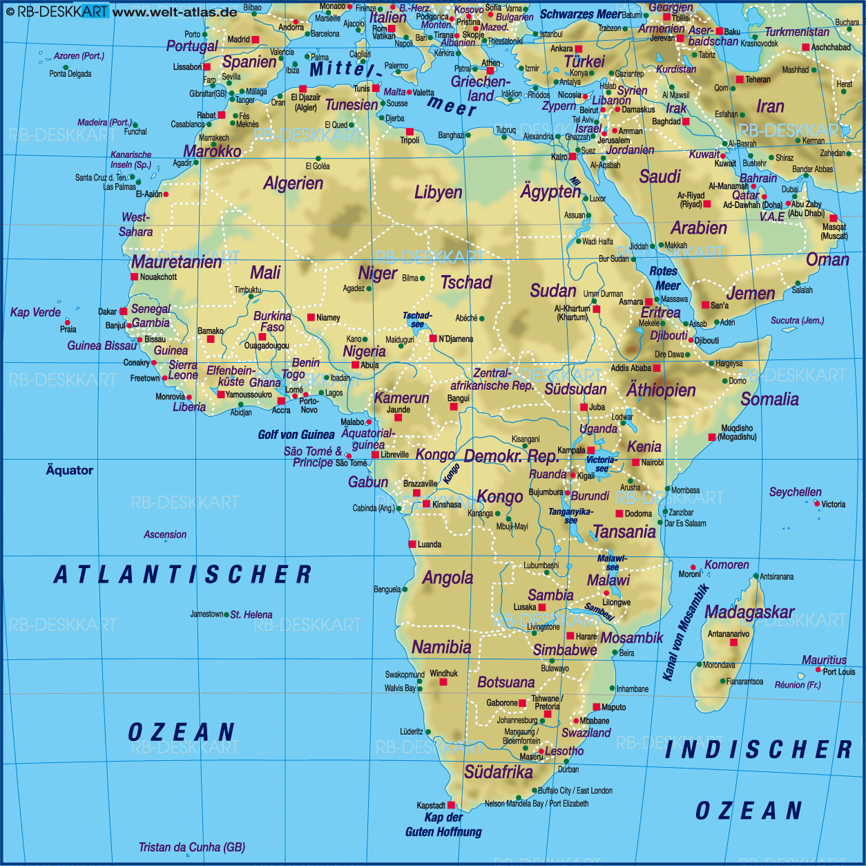 Karte von Afrika, physikalisch (Übersichtskarte / Regionen der Welt)