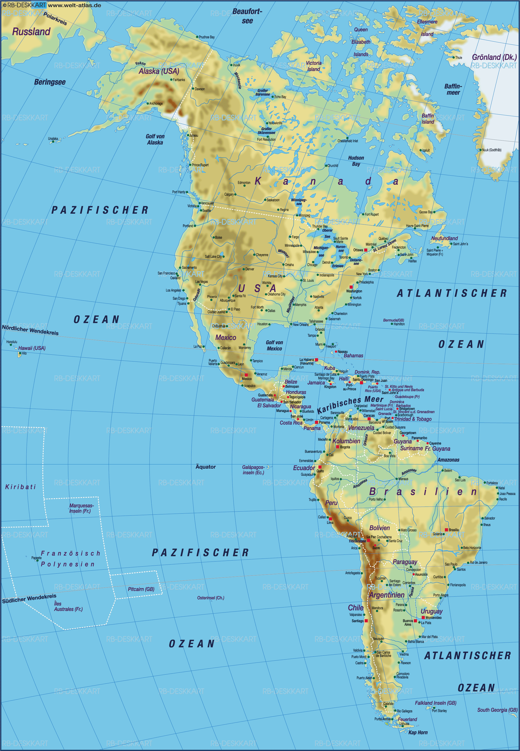 Karte von Amerika, physikalisch (Übersichtskarte / Regionen der Welt)